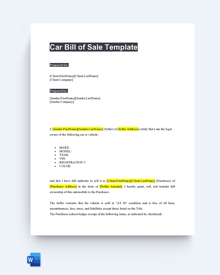 Bill of Sale For a Car Template