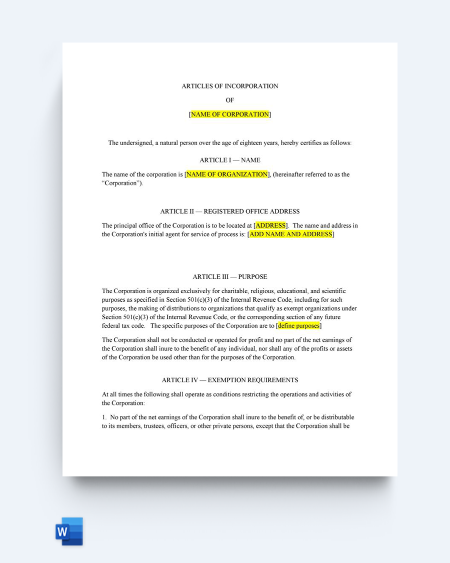 Articles of incorporation Template